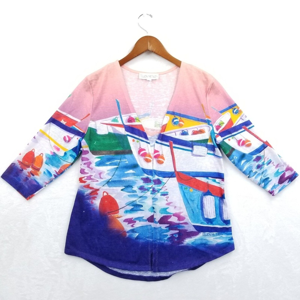 Ellen‎ Negley Cardigan Women L/XL Art & Sol Boats Harbor Nautical Art Painted